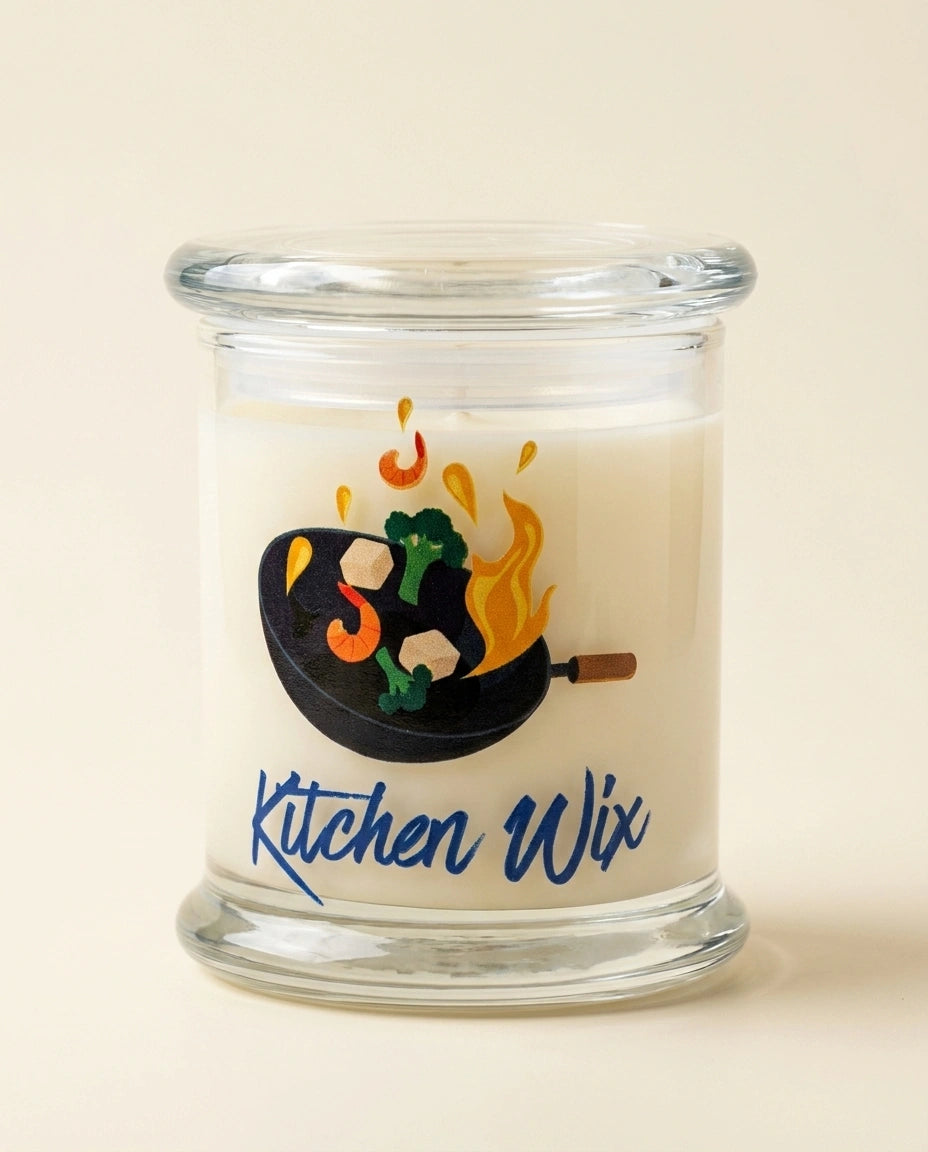 Glass candle with 'Kitchen Wix' branding and design on a beige background