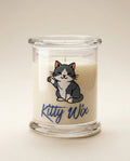 Candle in a glass jar with a cat illustration and 'Kitty Wix' text on a beige background