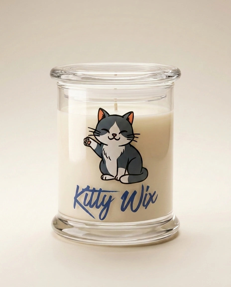 Candle in a glass jar with a cat illustration and 'Kitty Wix' text on a beige background