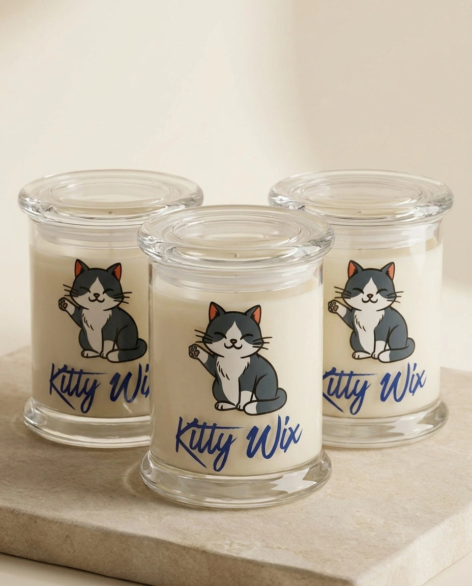 Three glass candles with 'Kitty Wix' branding on a light background