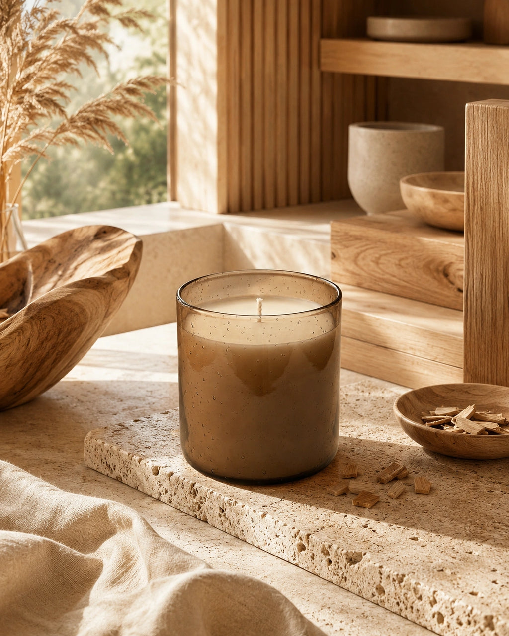 A lit candle in a frosted glass jar sits on a stone slab in a warm, rustic interior setting with wooden shelves, dried grass, and natural light.