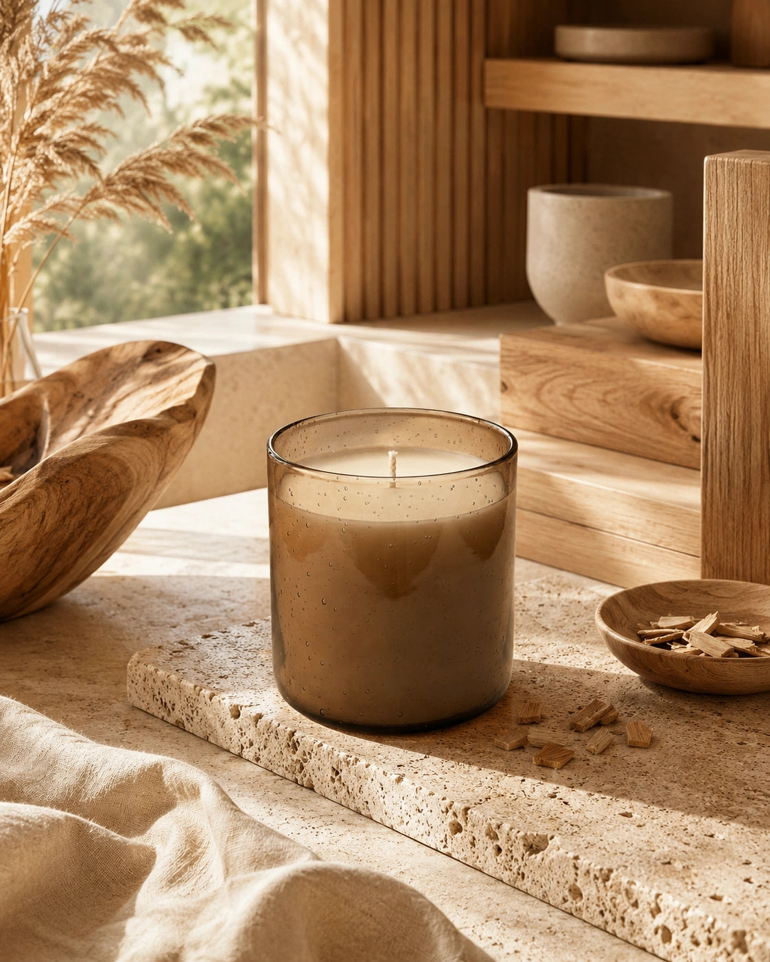 A lit candle in a frosted glass jar sits on a stone slab in a warm, rustic interior setting with wooden shelves, dried grass, and natural light.