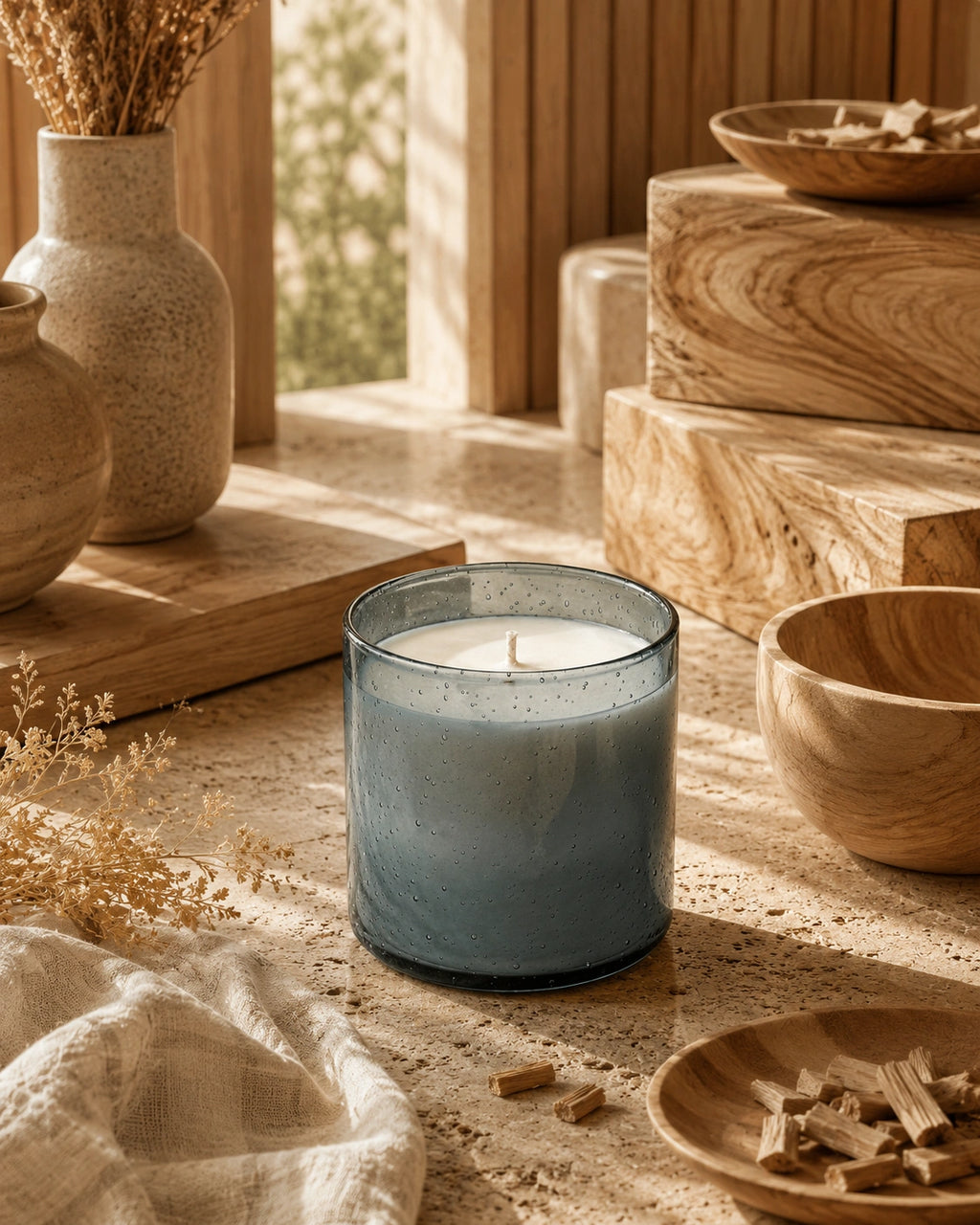 A blue-gray glass jar candle with white wax sits on a wooden surface in a warm, rustic room setting with wood blocks, a bowl, and dried flowers.