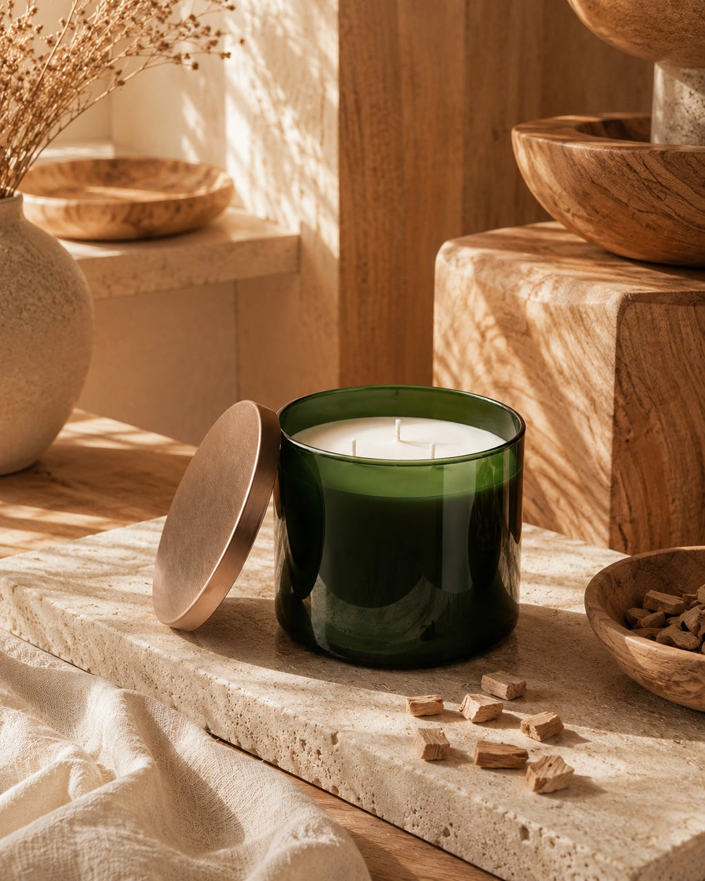 A dark green glass candle jar with its lid leaning beside it on a stone slab, styled in a warm, rustic setting with wooden bowls, dried flowers, and natural light.