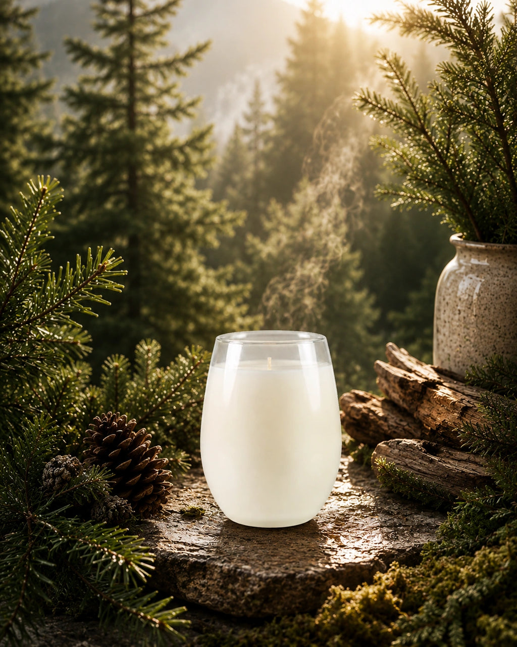 White candle in a glass holder on a rock with a forest background
