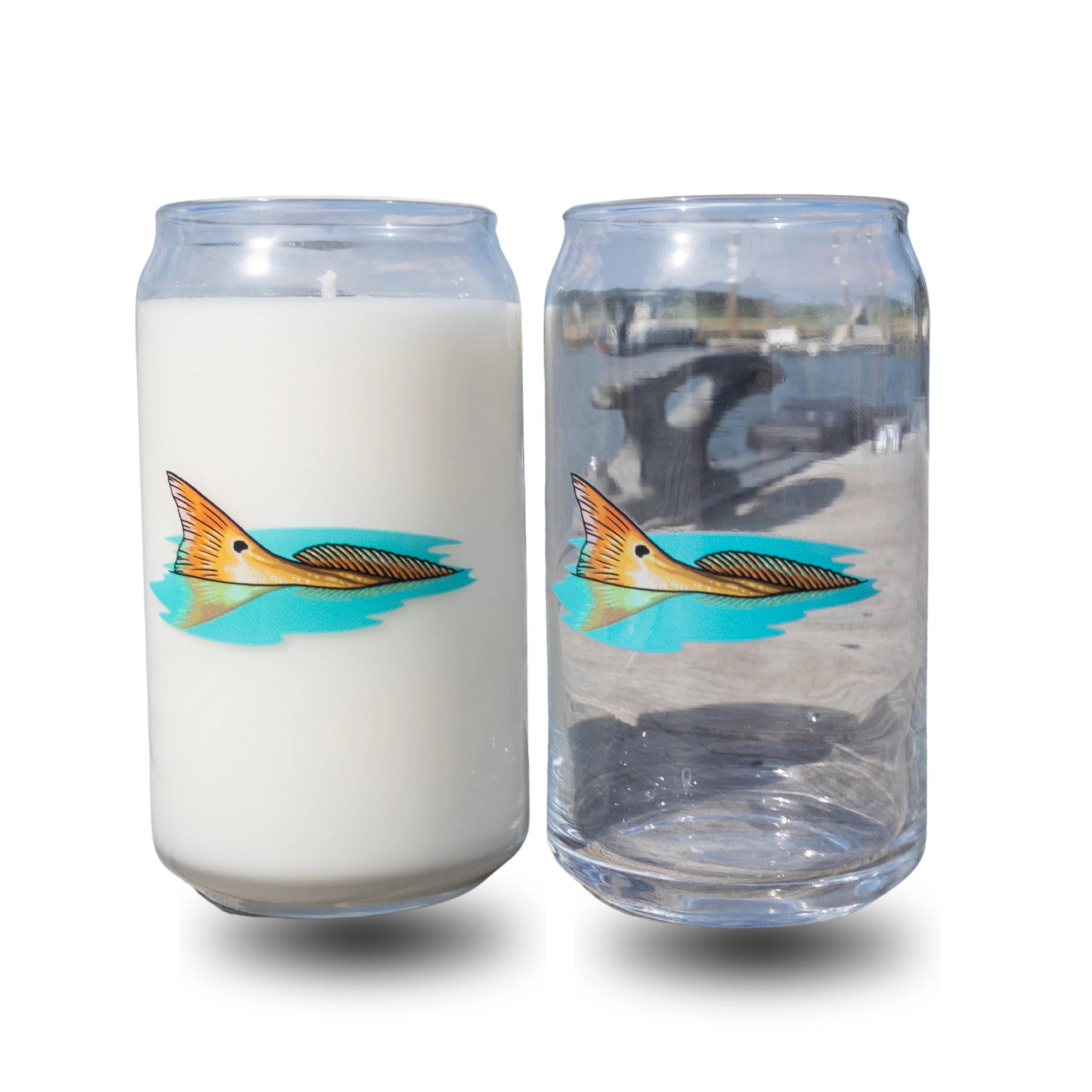 Two cans with fish illustrations on a white background