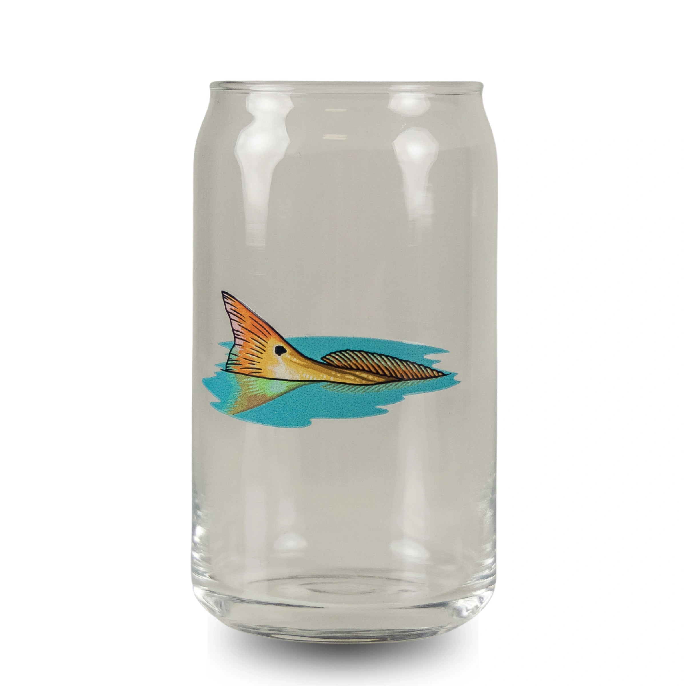 Clear glass with a fish illustration on a white background