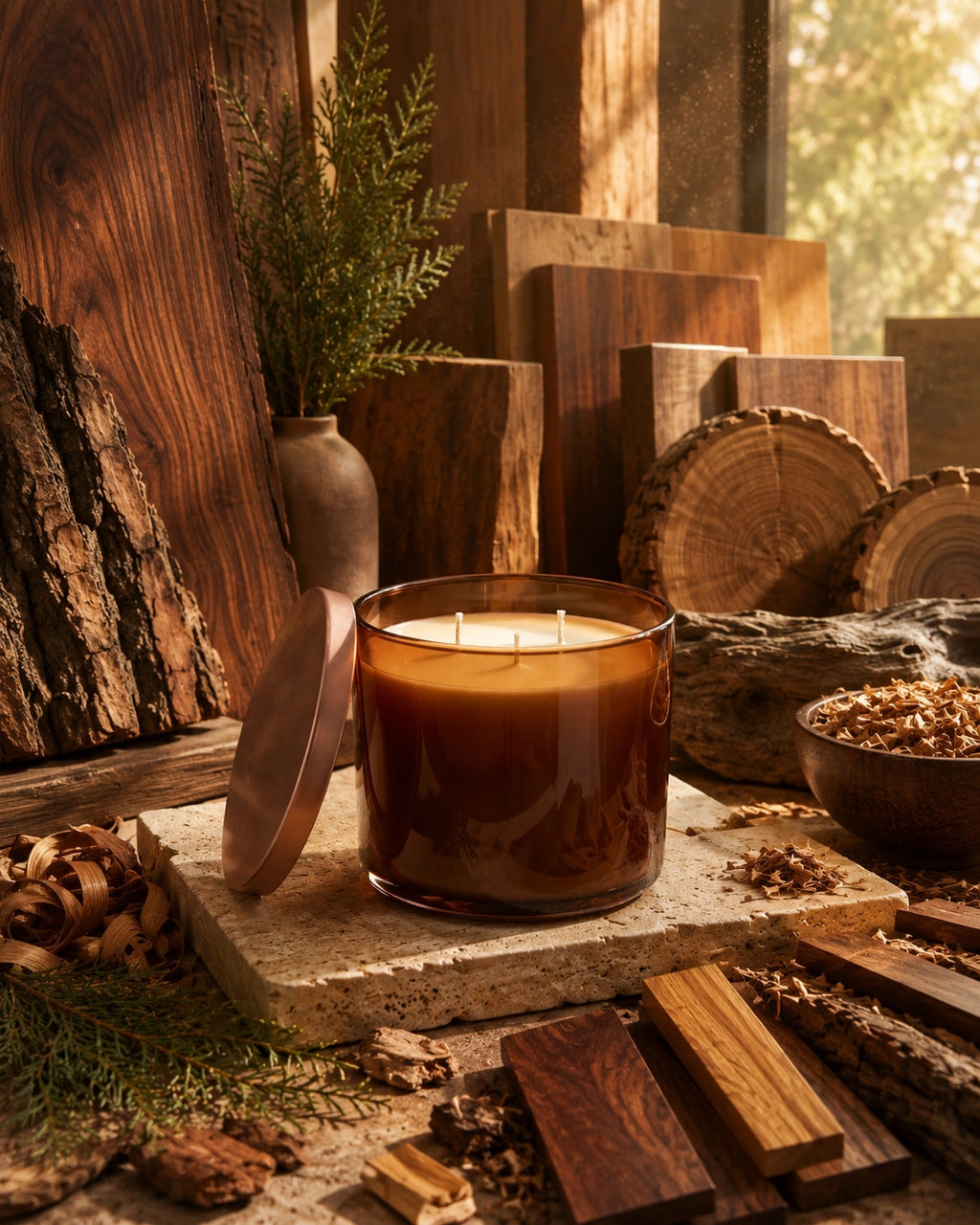 A lit amber glass candle with a rose-gold-toned lid resting beside it on a stone slab, styled with wood slices, bark, pinecones, and dried botanicals in a rustic cabin-like setting.