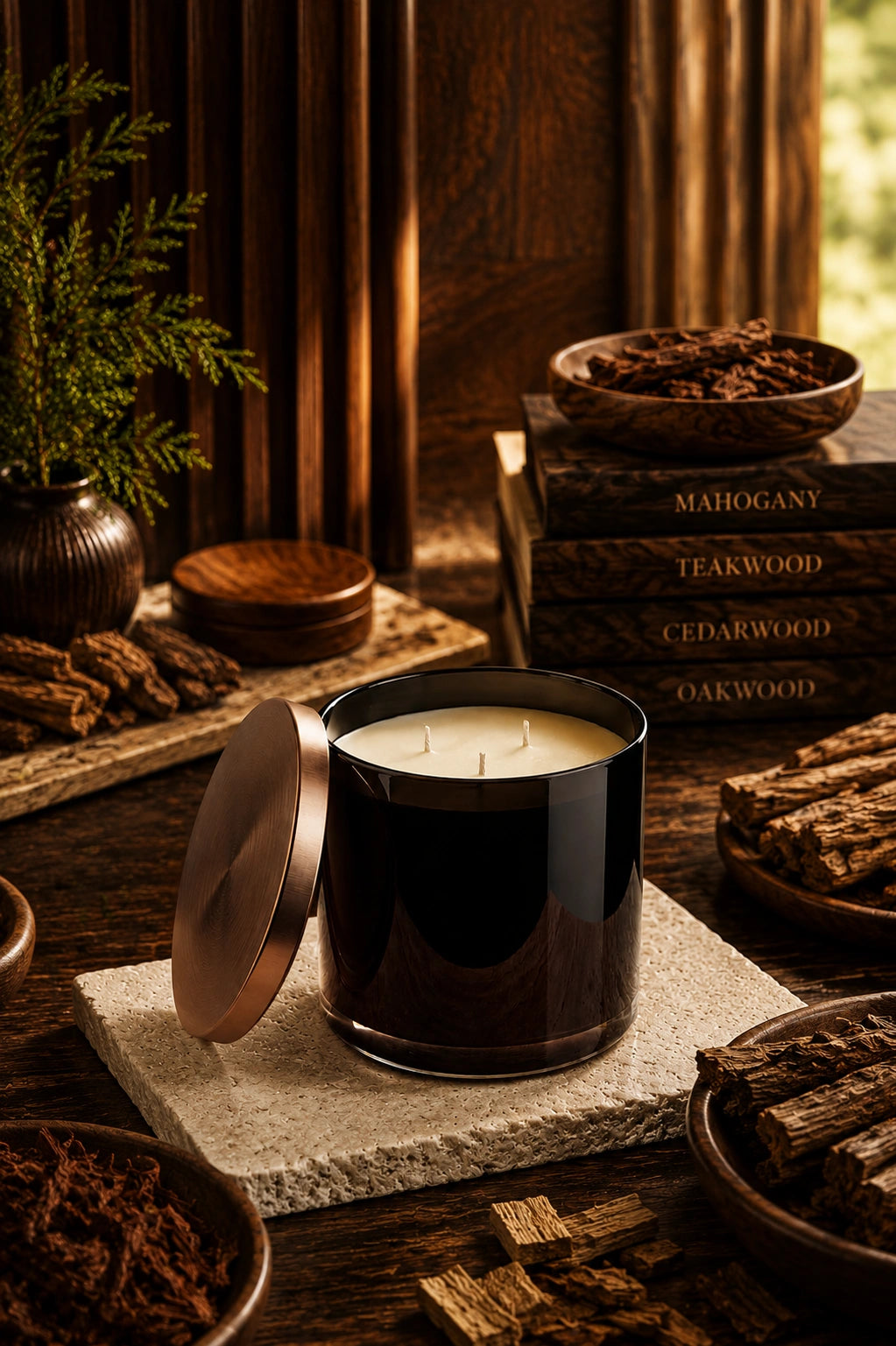 A dark amber glass candle jar with its lid leaning beside it on a stone coaster, surrounded by wood chips, a small plant, and stacked scent labels reading Mahogany, Teakwood, Cedarwood, and Oakwood in a rustic indoor setting.