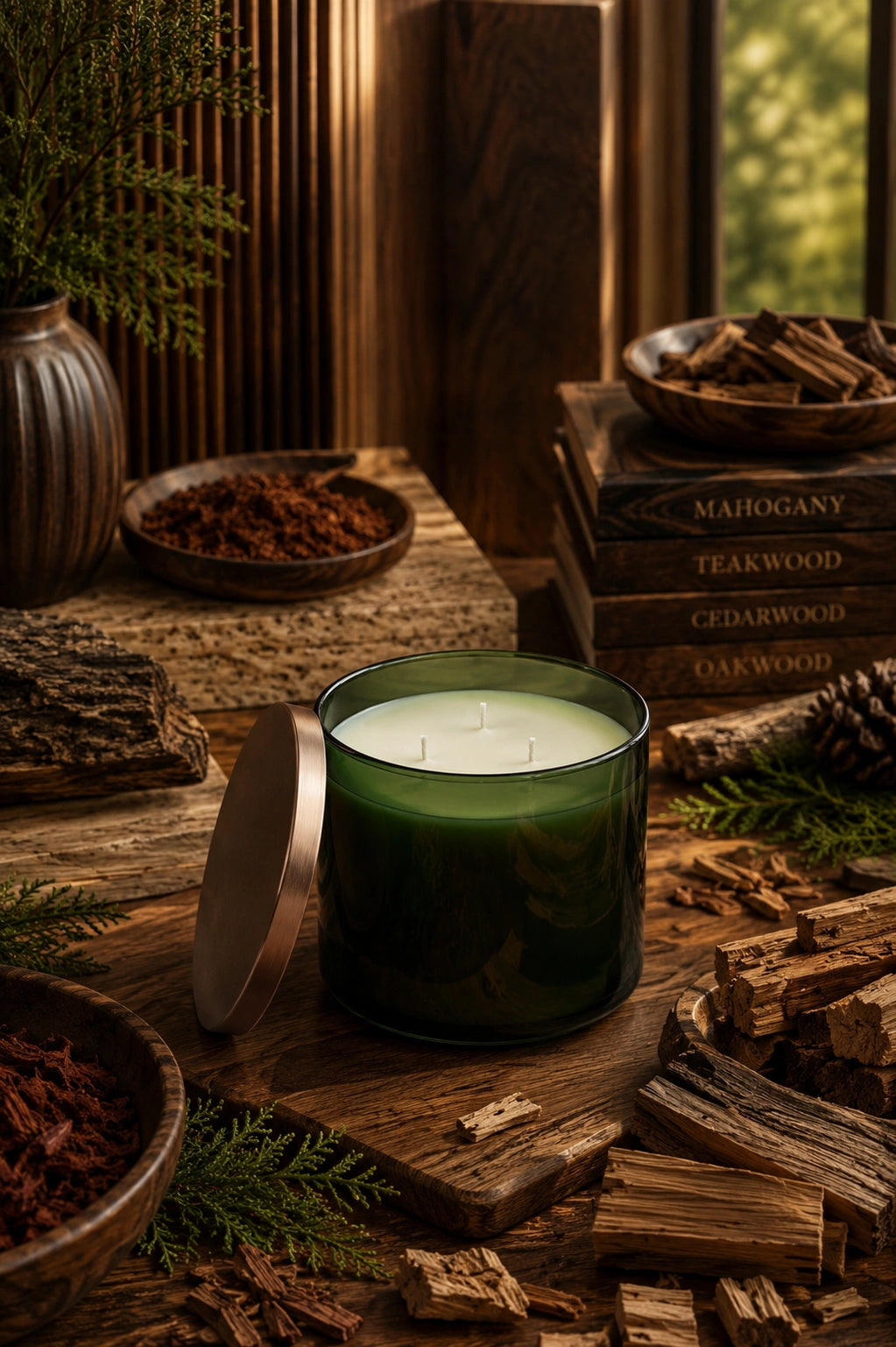 A dark green glass candle jar with its metallic lid resting beside it on a rustic wooden surface. The candle is surrounded by wood chips, bark, pine needles, and a stack of books labeled with wood types including Mahogany, Teakwood, Cedarwood, and Oakwood, set against a warm, dark wood background.