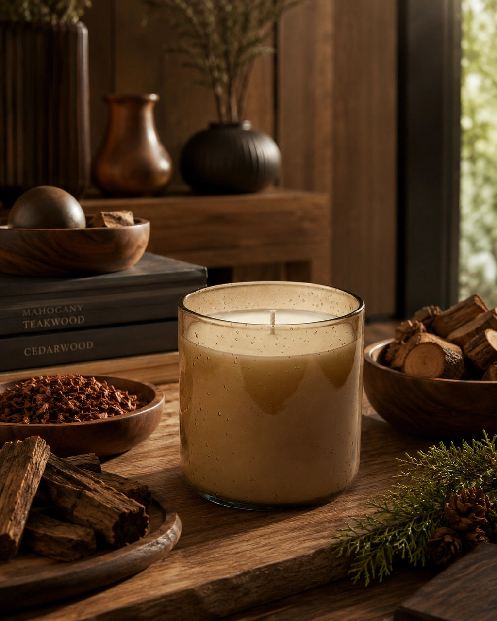 A lit candle in a speckled clear glass jar sits on a rustic wooden table surrounded by wood props, books, and evergreen branches in a warm indoor setting.