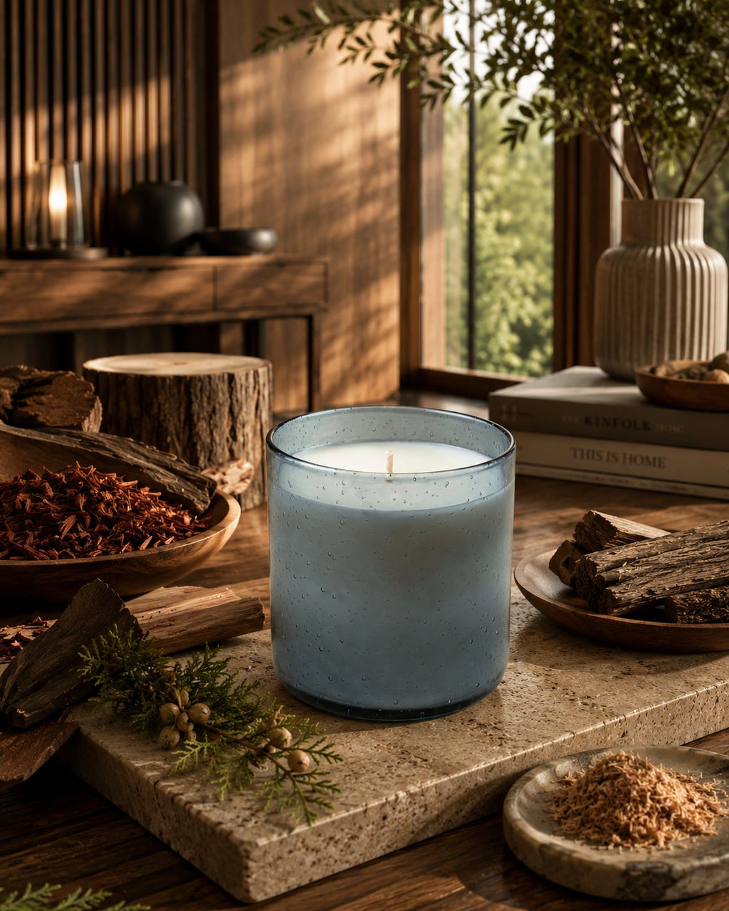 A blue frosted glass candle sits on a stone slab in a rustic, warm-toned room setting with wood, dried botanicals, books, and a window in the background.