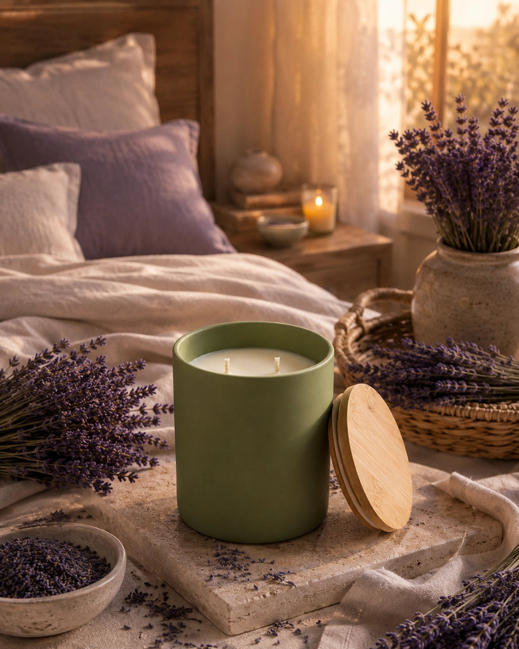 A green candle jar with a light wood lid leaning beside it on a stone slab, styled on a bed with lavender bundles, pillows, and warm ambient lighting.
