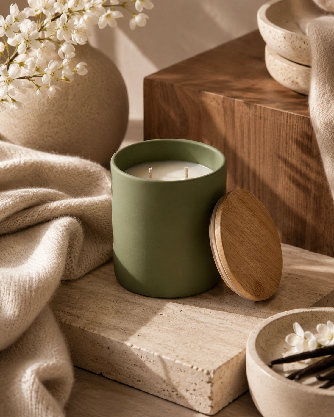 An olive green candle jar with a wooden lid resting beside it on a stone block, styled with beige knit fabric, a ceramic vase of white flowers, and wooden props in a warm, natural setting.