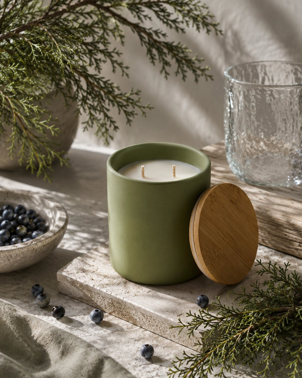 An olive green candle jar with two wicks and its wooden lid resting beside it, styled on a stone slab with evergreen branches, blueberries, and a textured glass tumbler.