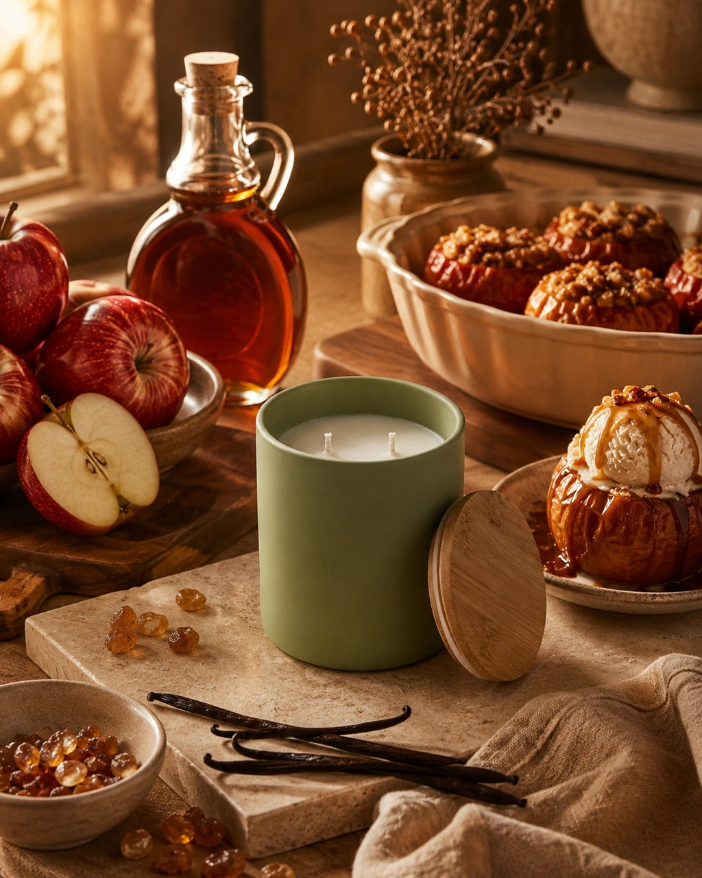 A sage green candle in a matte cylinder jar with its wooden lid leaning beside it, styled on a rustic table with apples, amber syrup, baked apples, vanilla beans, and warm autumn props.