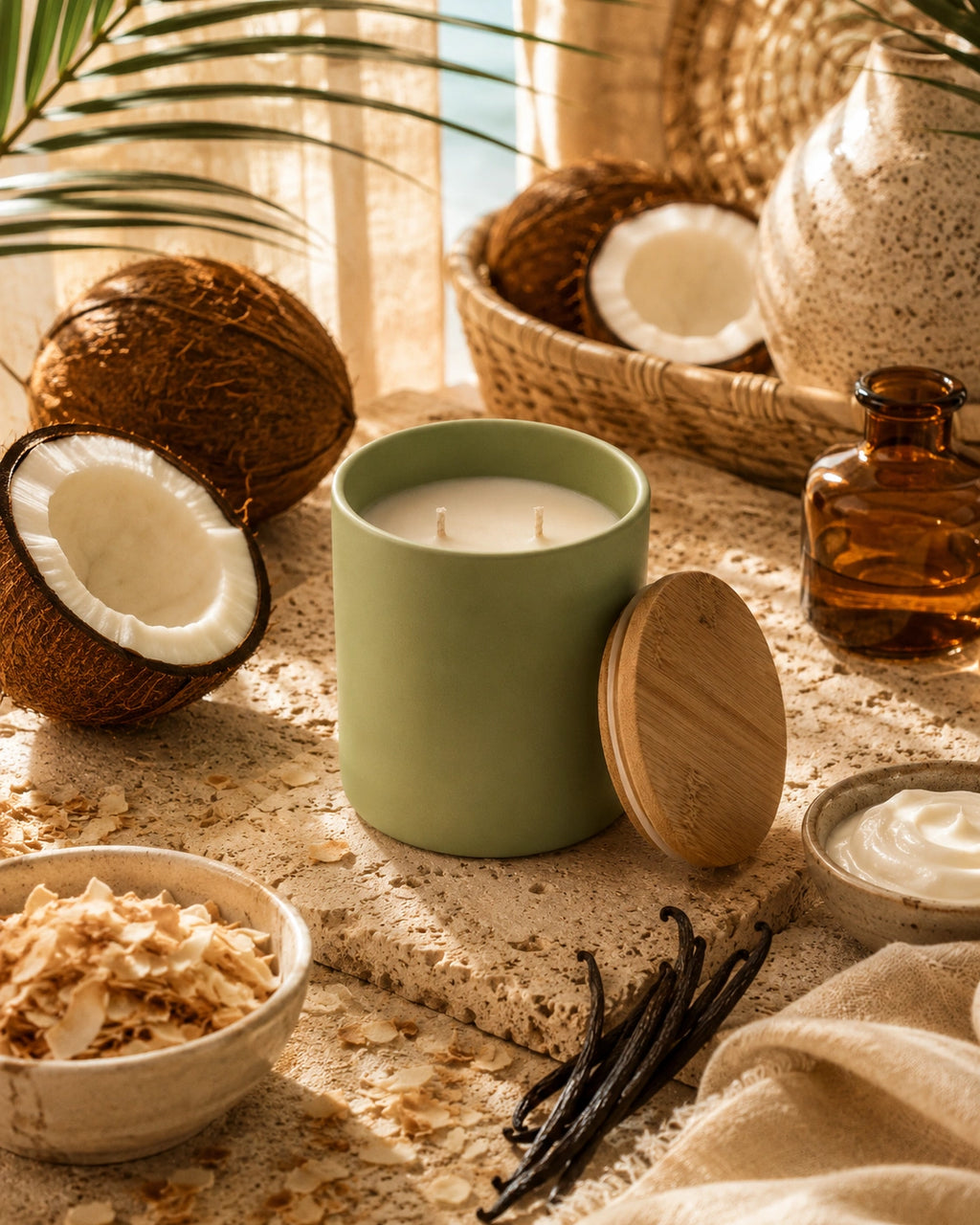 A sage green candle jar with its wooden lid leaning against it, styled on a stone surface with coconuts, vanilla beans, cream bowls, and an amber bottle in a warm, tropical-inspired setting.
