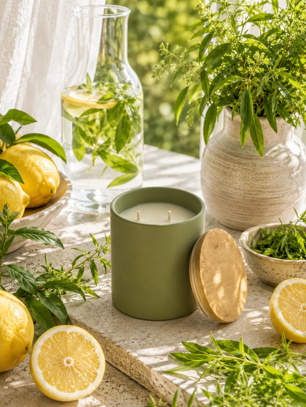 An olive green candle with its wooden lid leaning beside it on a stone surface, surrounded by lemons, fresh herbs, a glass carafe with mint and lemon, and a ceramic vase in a bright, sunlit setting.