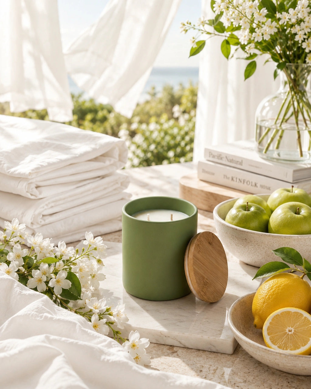 A matte sage green candle jar with a round wooden lid resting beside it on a marble board, styled in a bright, airy room scene with folded white towels, white flowers, green apples, lemons, and a glass vase in the background.