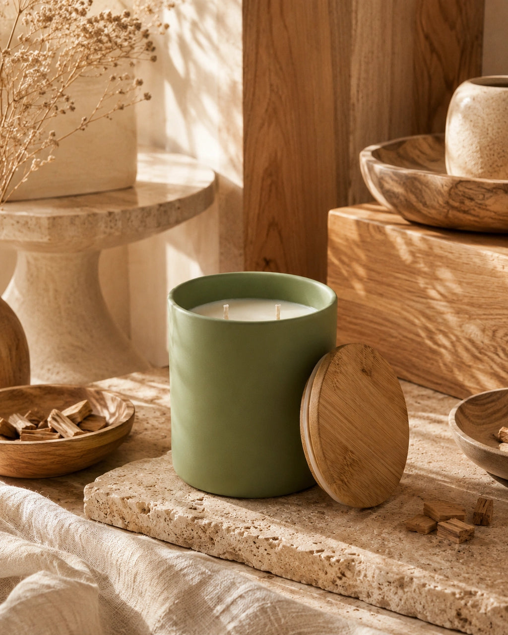 A matte sage green candle jar with its round wooden lid leaning against it, styled on a stone slab with dried flowers, wooden bowls, and warm natural light.