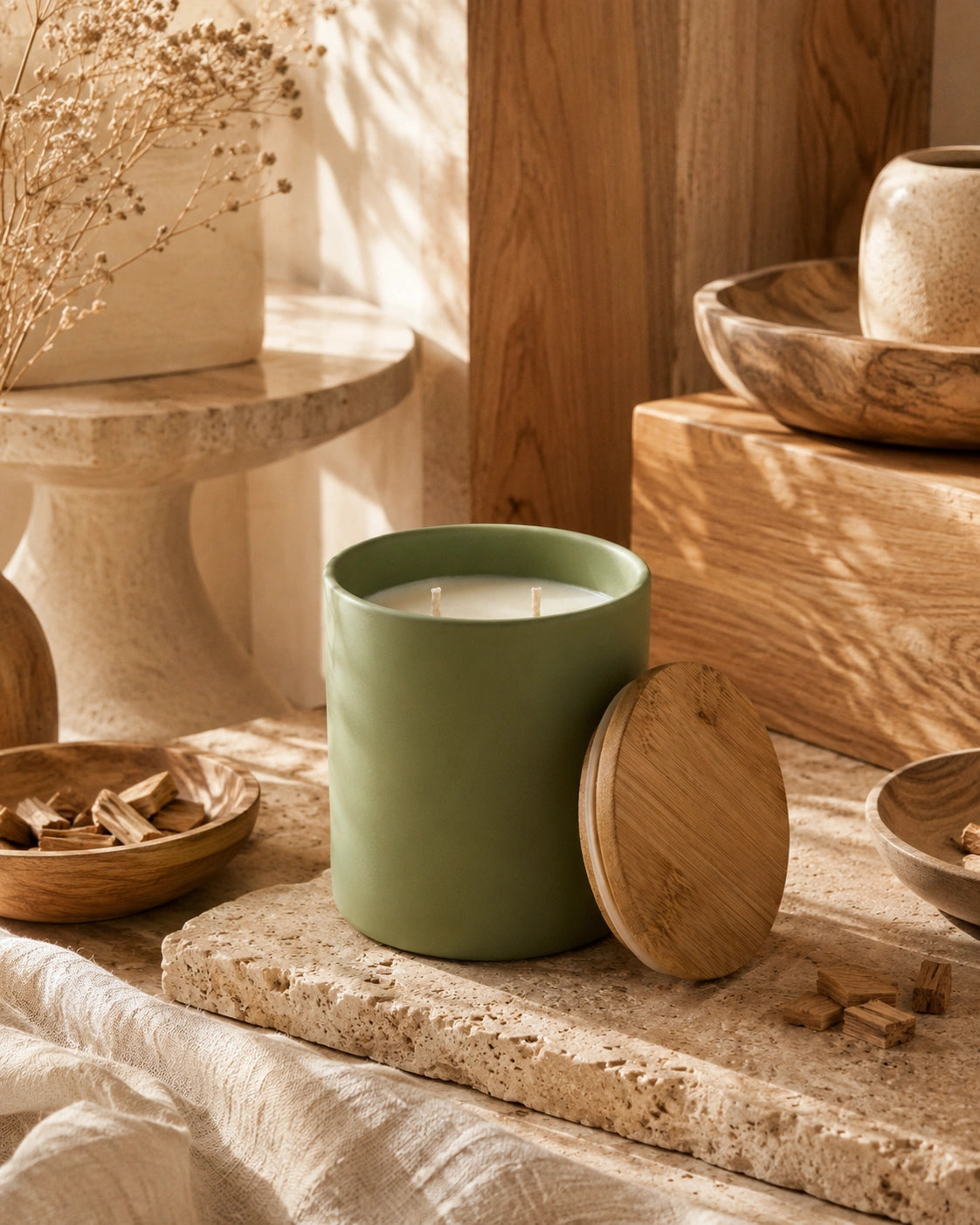 A matte sage green candle jar with its round wooden lid leaning against it, styled on a stone slab with dried flowers, wooden bowls, and warm natural light.
