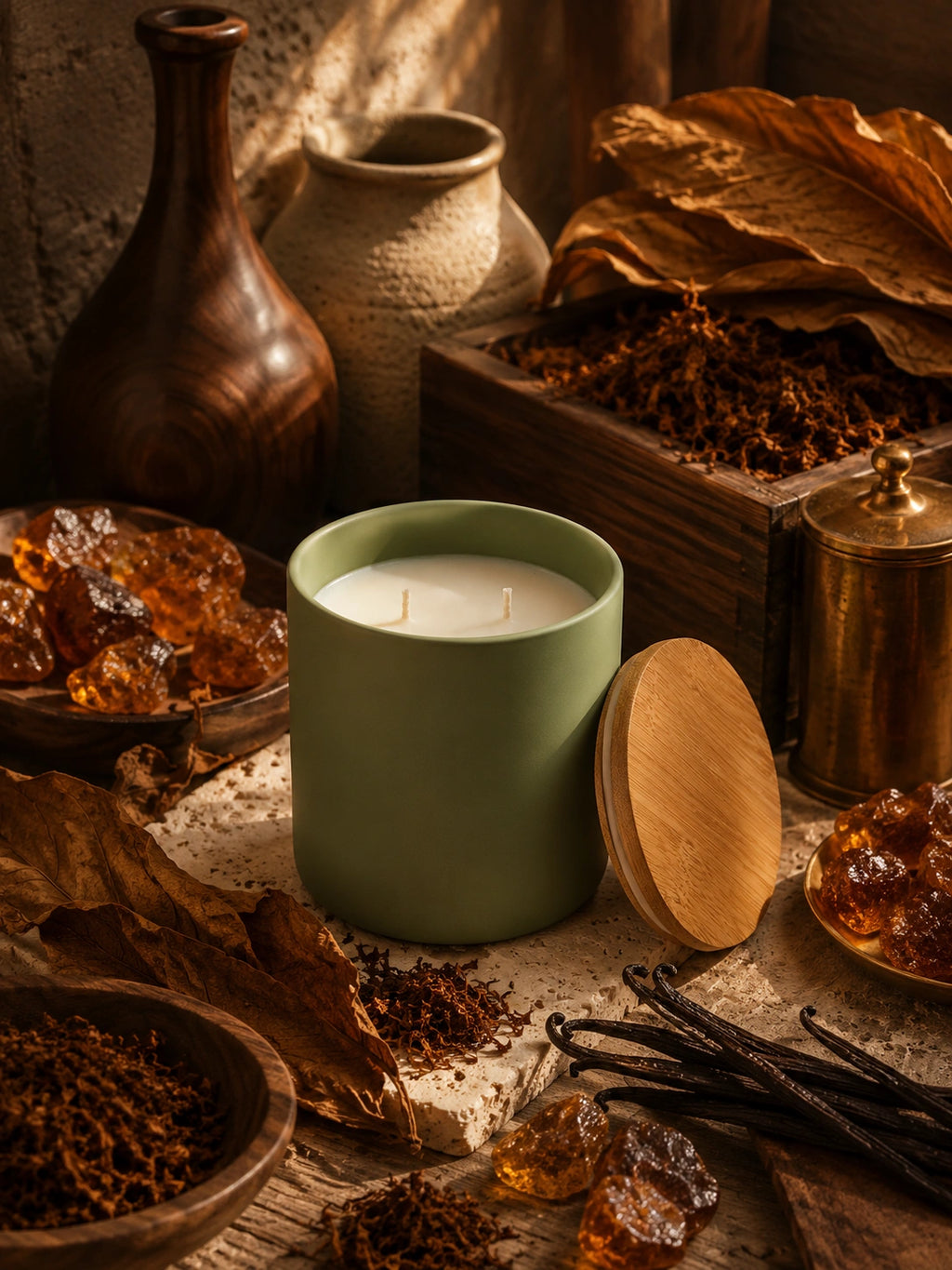 A sage green candle jar with its wooden lid leaning beside it, styled on a rustic wooden surface with dried leaves, amber crystals, vanilla beans, and small vessels in warm, moody lighting.