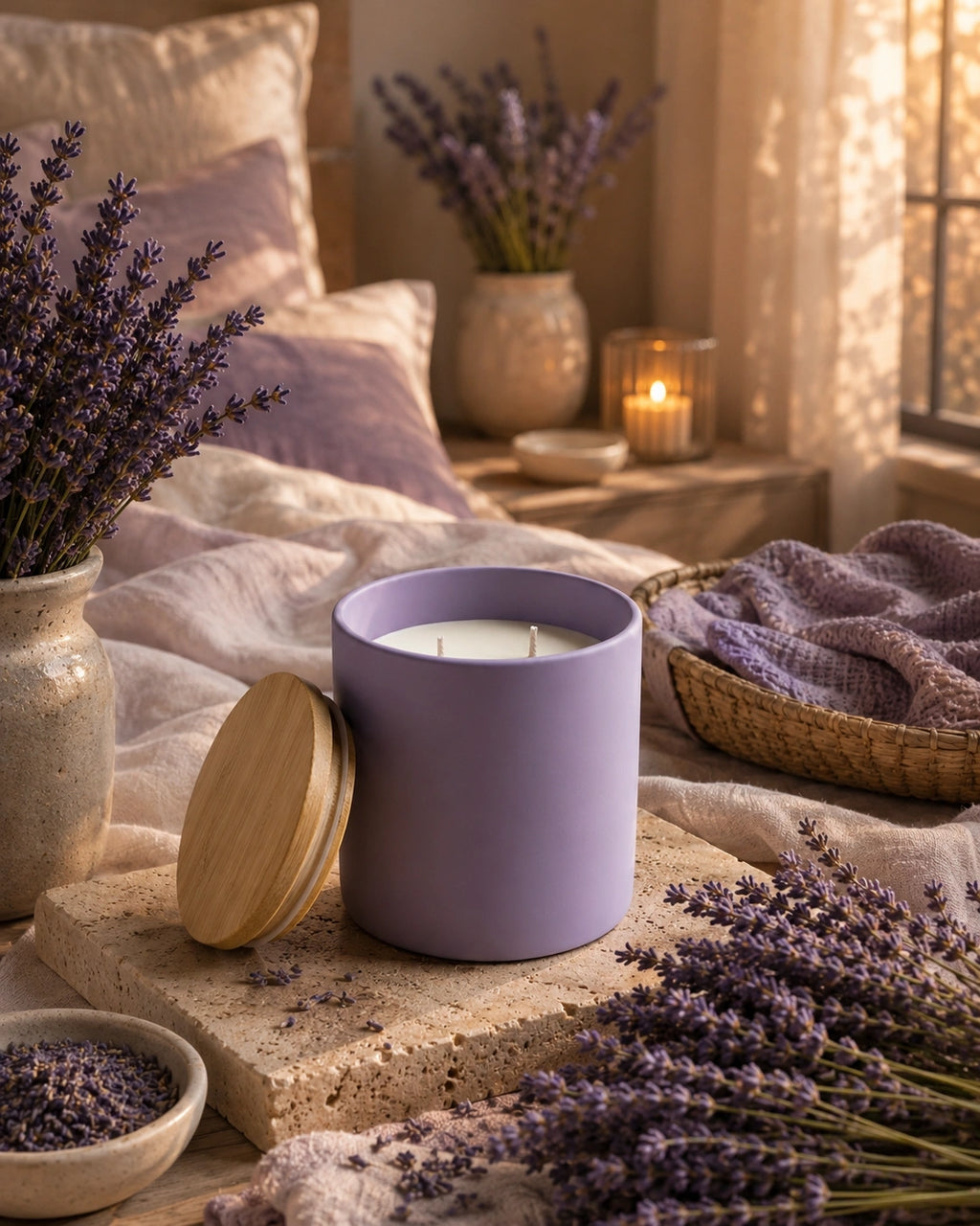 A lavender-colored candle in a matte ceramic jar with a bamboo lid resting beside it, styled on a stone slab in a cozy bedroom setting with lavender, pillows, and a warm lit candle in the background.