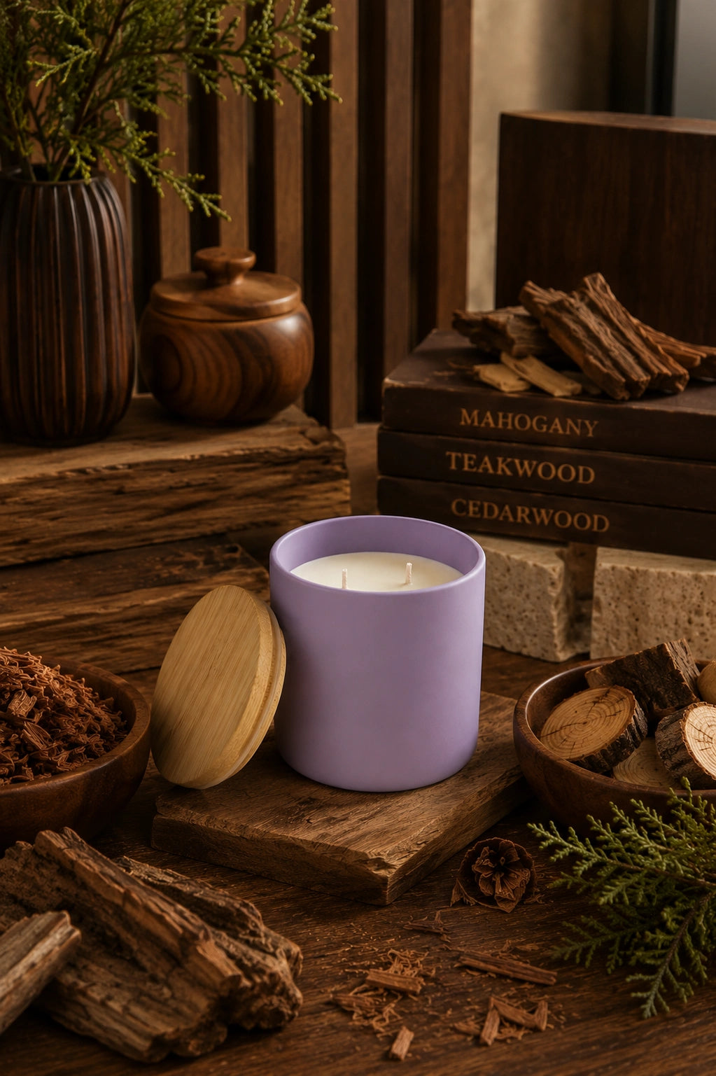A lavender purple candle jar with its wooden lid leaning beside it, styled on a rustic wooden surface with wood chips, bark, books, and greenery in a warm, earthy setting.