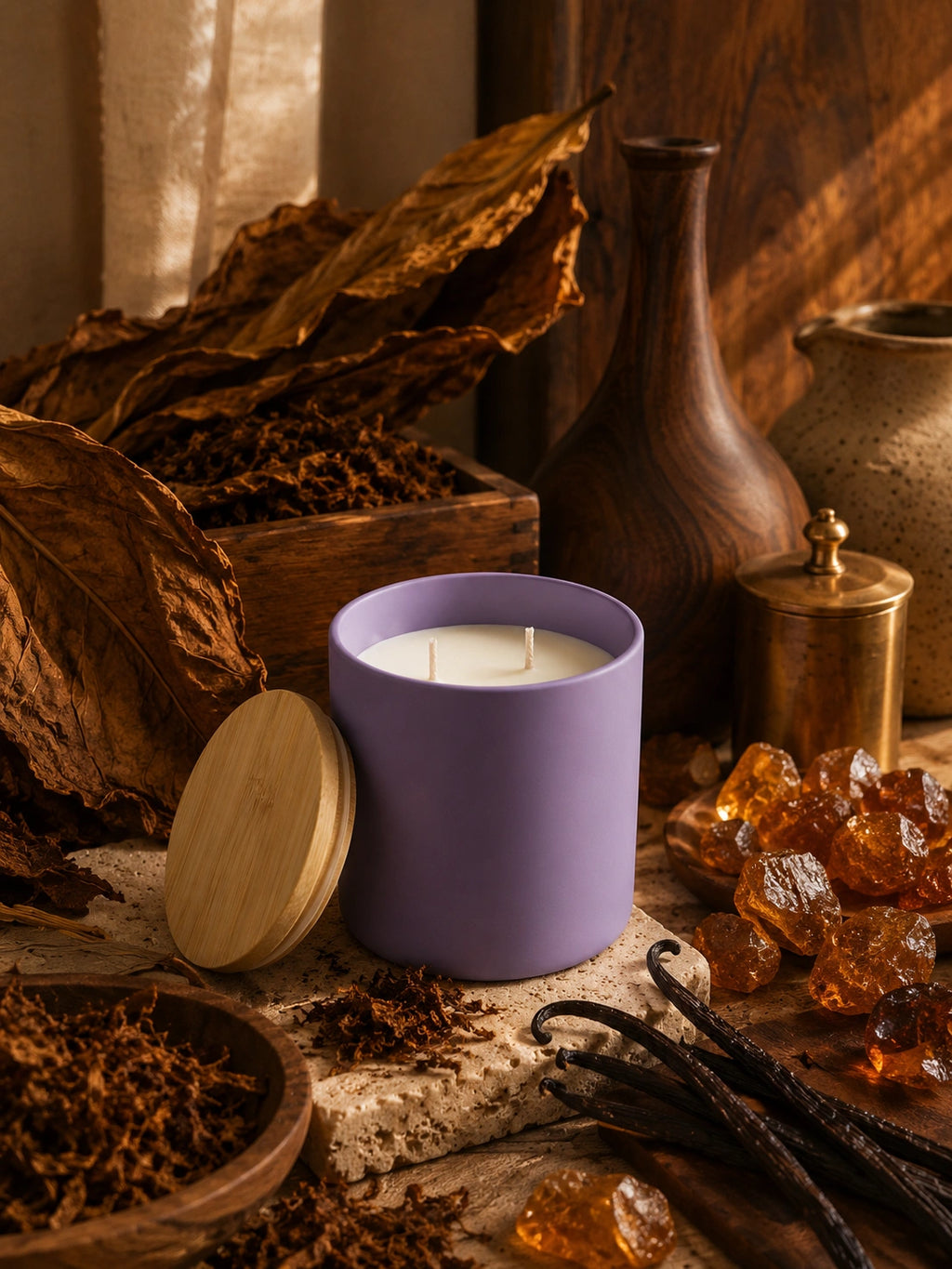 A lavender purple candle in a matte cylindrical jar with its wooden lid leaning beside it, styled on a rustic surface with dried tobacco leaves, amber crystals, vanilla beans, and dark wood vessels in the background.