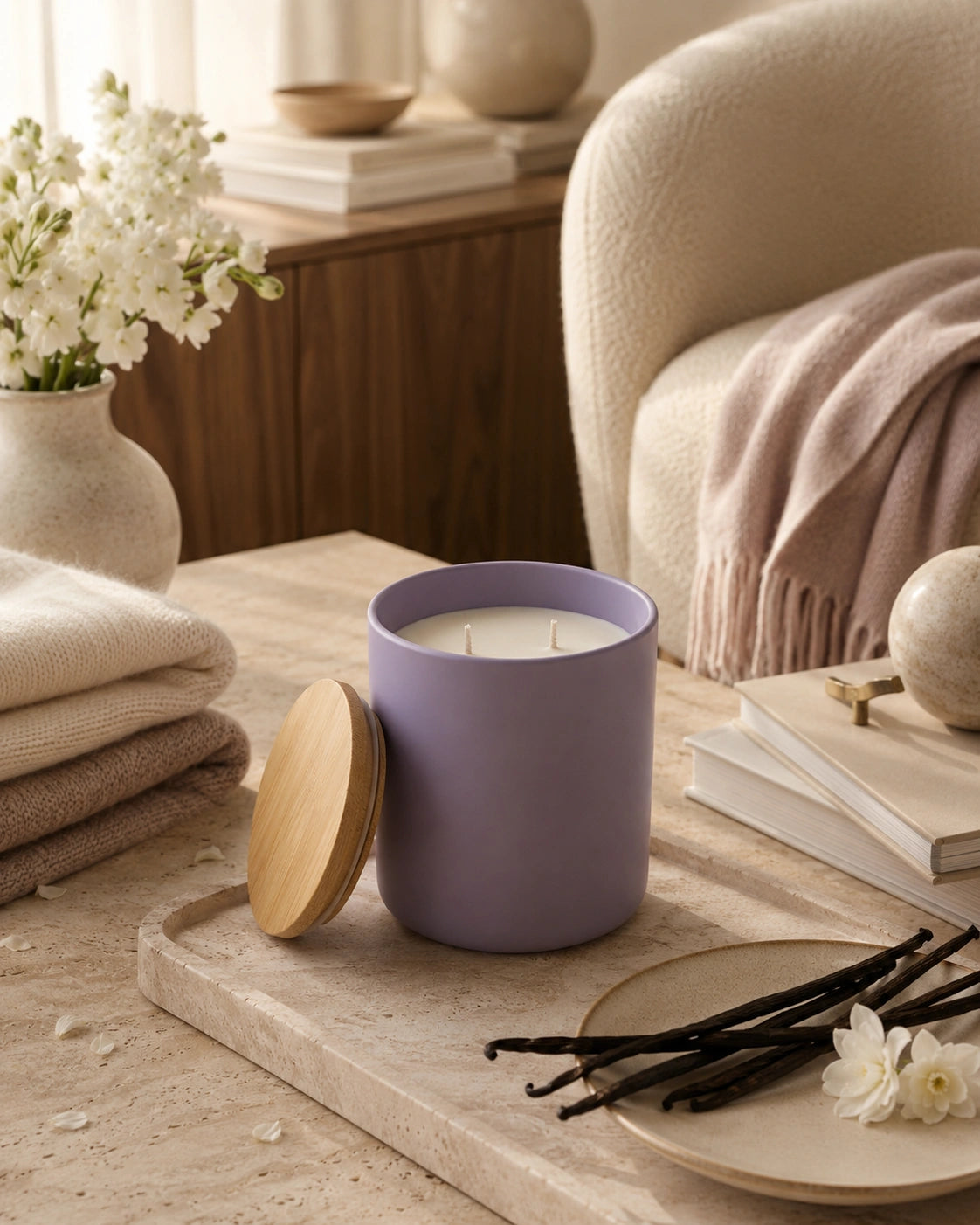 A lavender purple candle in a matte ceramic jar with a light wood lid resting beside it on a stone tray. The candle is styled in a cozy, warm room setting with folded beige towels, white flowers, books, and a cream-colored armchair in the background.