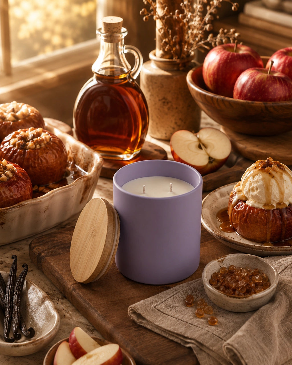A lavender purple candle in a matte jar with its wooden lid leaning beside it, styled on a rustic wooden table with baked apples, apple slices, vanilla beans, a bottle of amber syrup, and dried flowers in warm natural light.