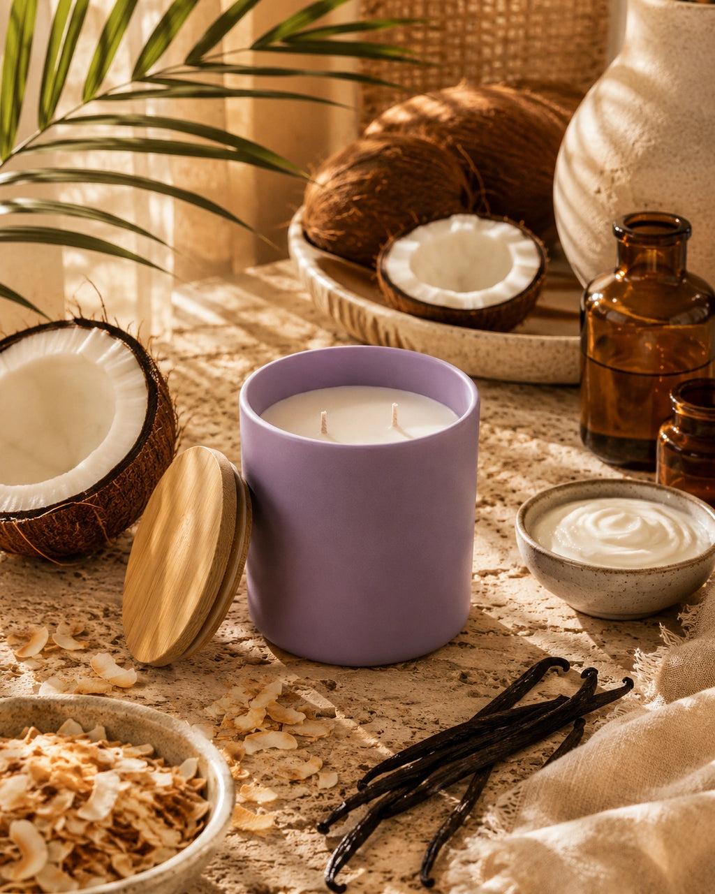 A lavender purple candle in a matte cylindrical jar with its wooden lid leaning beside it, styled on a textured beige surface with coconuts, vanilla beans, coconut flakes, cream, and amber bottles.