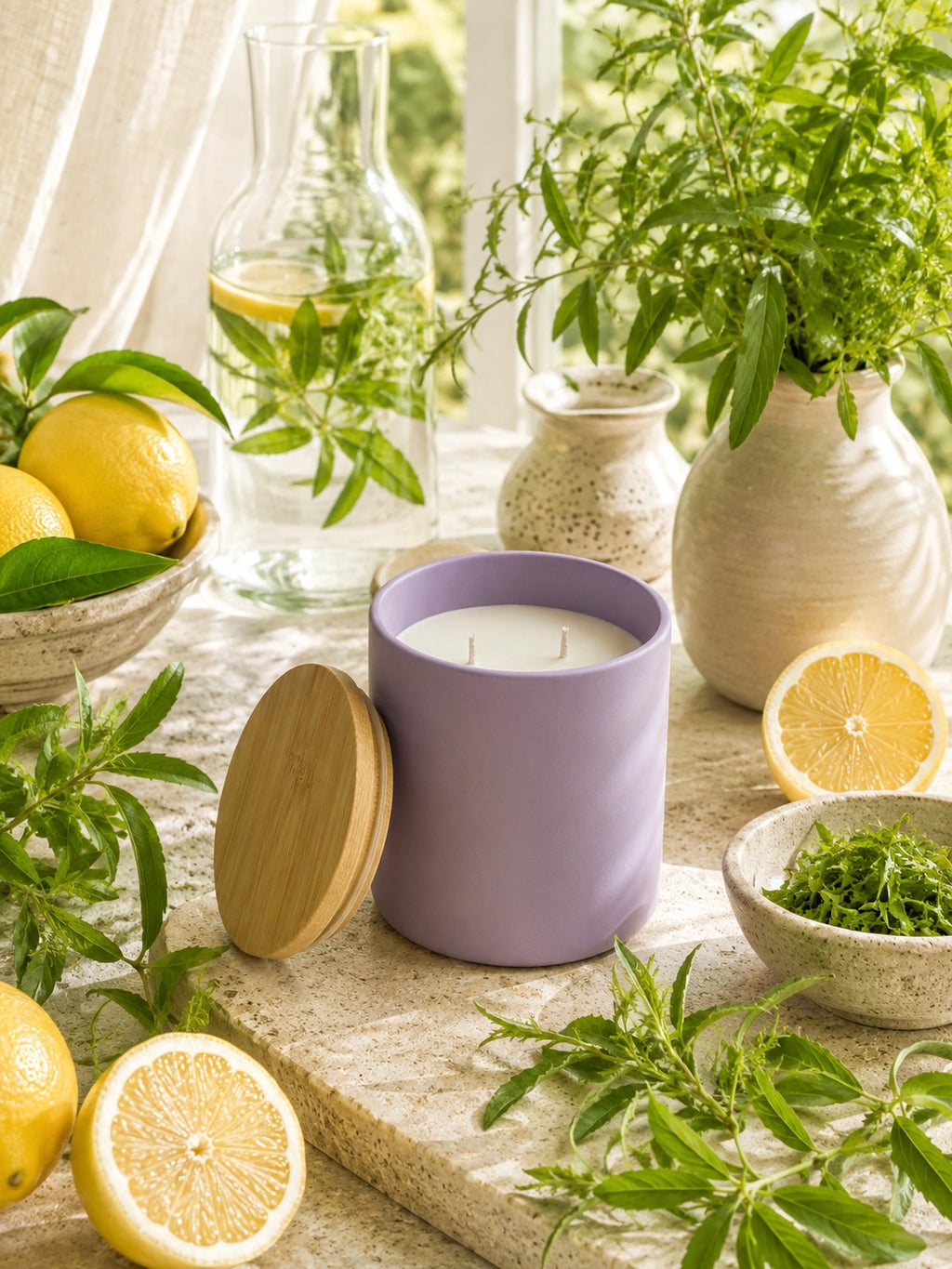 A lavender purple soy wax candle in a matte ceramic jar with a round wooden lid leaning beside it, styled on a stone surface with lemons, herbs, and ceramic vases in a bright natural setting.