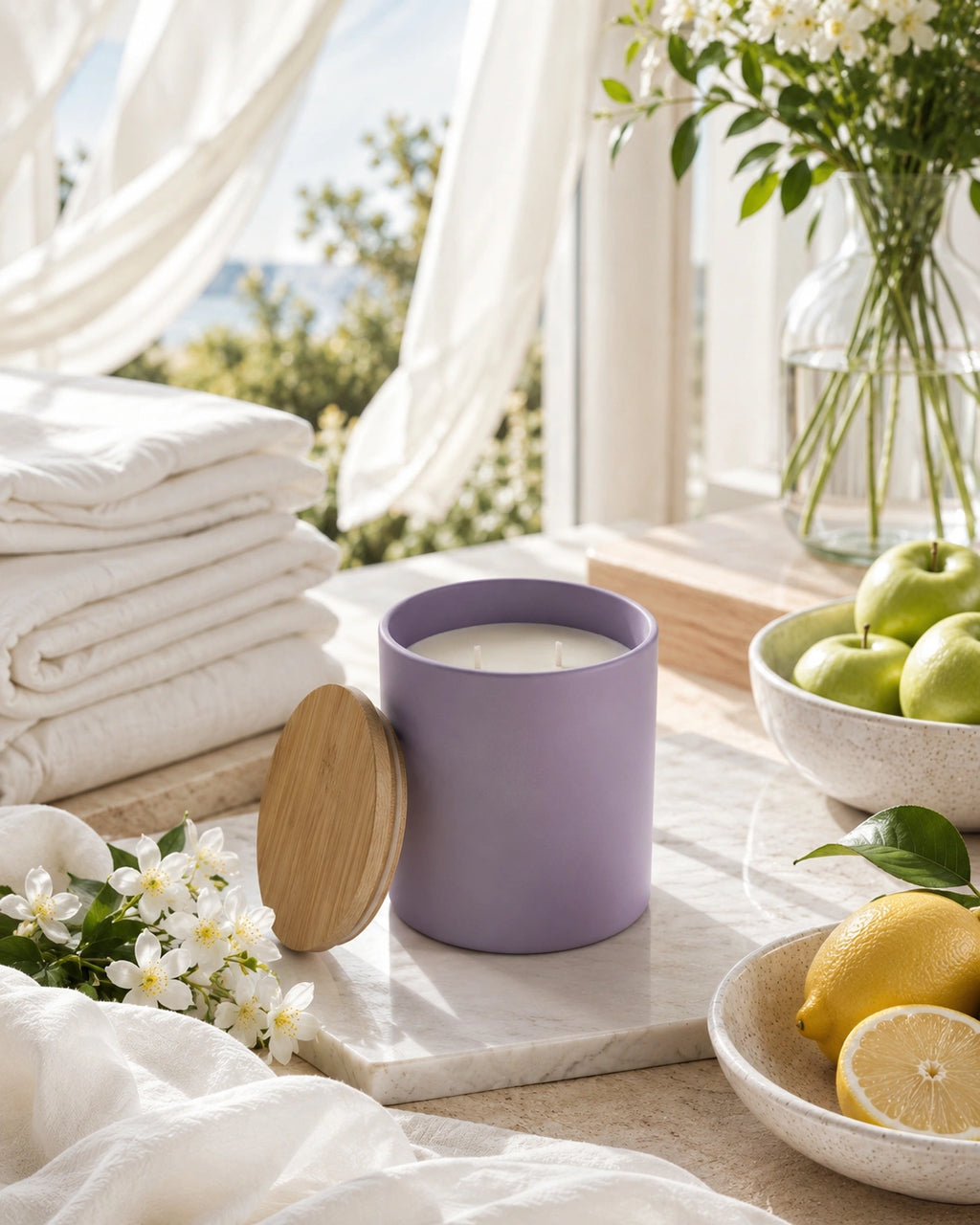 A lavender purple candle jar with a round wooden lid resting beside it on a marble tray, styled in a bright, airy bathroom or spa setting with folded white towels, flowers, green apples, and lemons near a window.