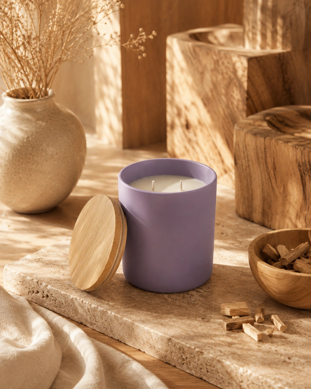 A lavender purple candle in a matte cylindrical jar with its round wooden lid leaning beside it, styled on a stone slab with dried flowers, wood blocks, and a small wooden bowl in warm natural light.