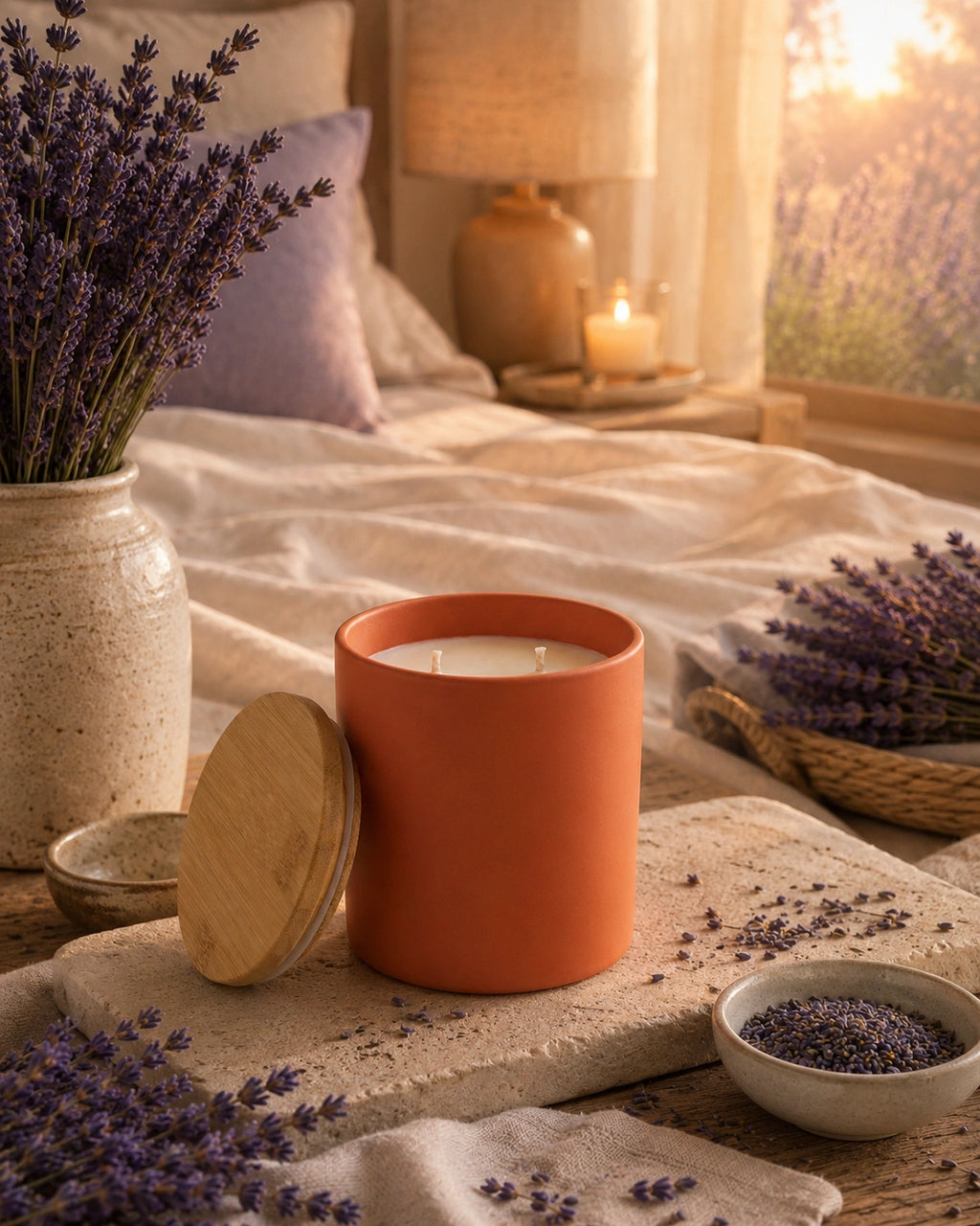 An orange terracotta candle jar with its wooden lid leaning beside it, styled on a stone slab with lavender sprigs and a small bowl of lavender in a warm bedroom setting with a window and bed in the background.