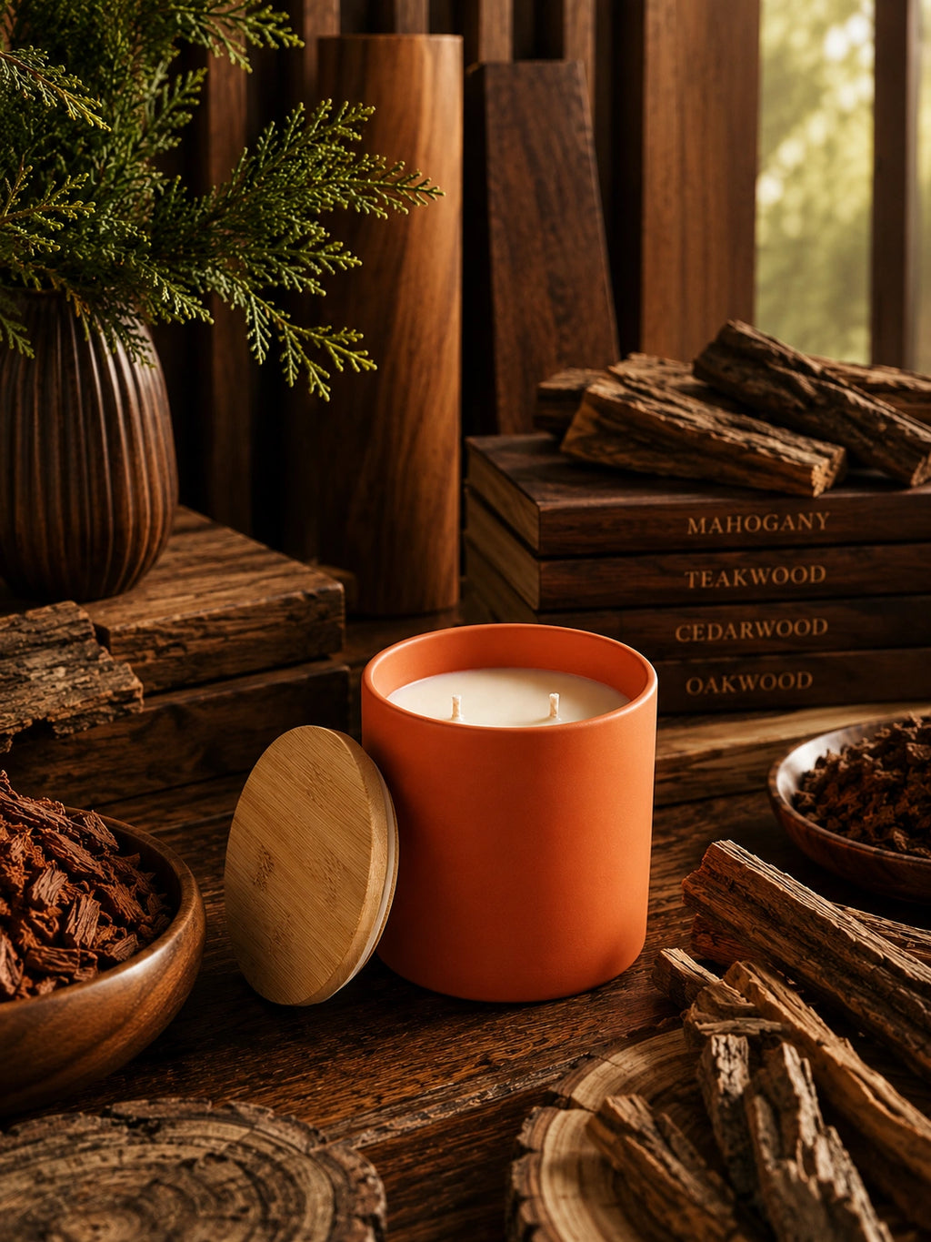An orange candle jar with its wooden lid leaning beside it on a rustic wooden surface, surrounded by wood props, bark, and a green plant in a warm, natural setting.