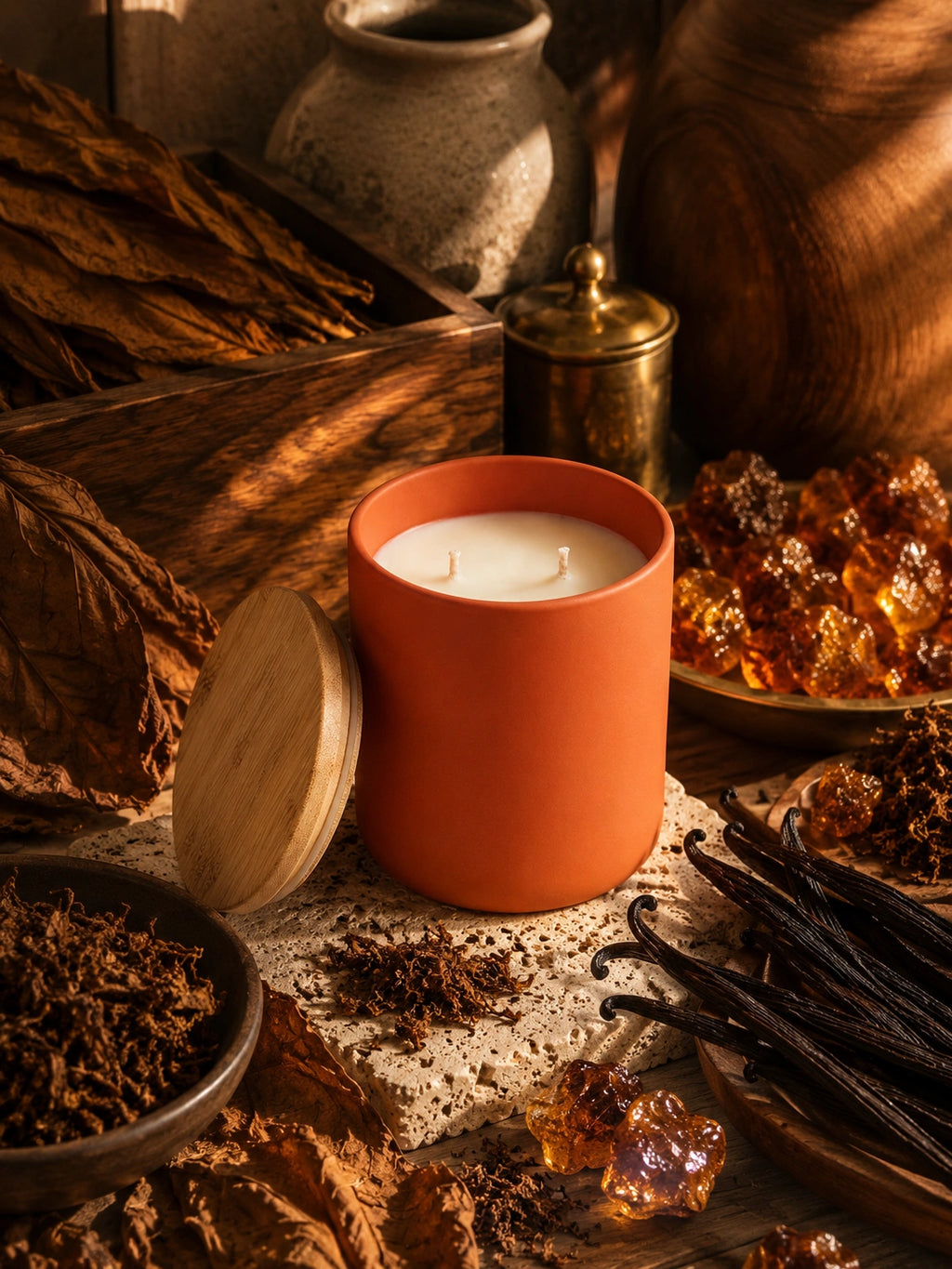 An orange ceramic candle jar with a light wood lid leaning beside it, styled on a rustic wooden surface with dried leaves, amber pieces, vanilla beans, and dark spices in warm, moody lighting.