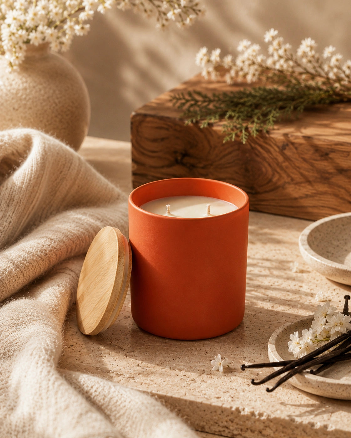 An orange terracotta candle in a matching cylindrical jar with its wooden lid resting beside it, styled on a stone surface with a beige knit blanket, dried flowers, and a rustic wood block in the background.