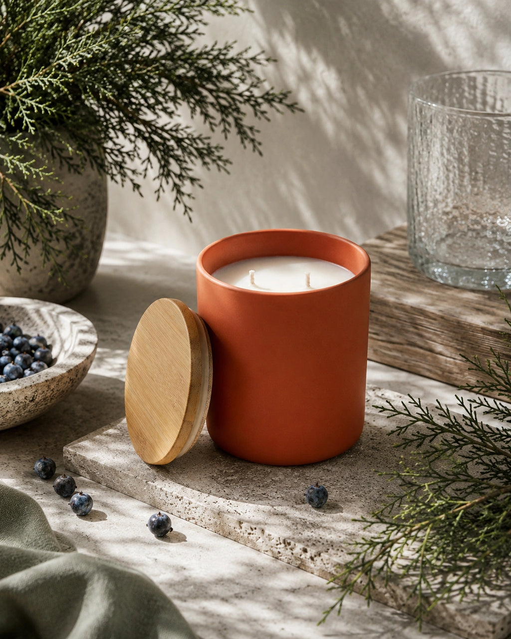 An orange terracotta scented candle in a matching cylindrical jar with a light wood lid leaning against it, styled on a stone slab with blueberries, greenery, and a textured glass in a sunlit indoor setting.