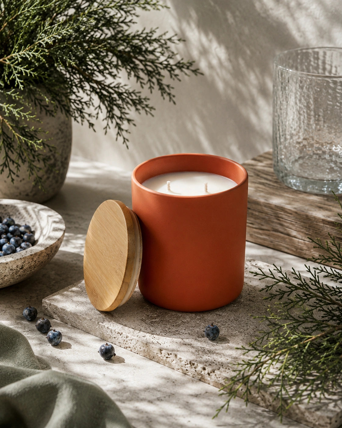 An orange terracotta scented candle in a matching cylindrical jar with a light wood lid leaning against it, styled on a stone slab with blueberries, greenery, and a textured glass in a sunlit indoor setting.