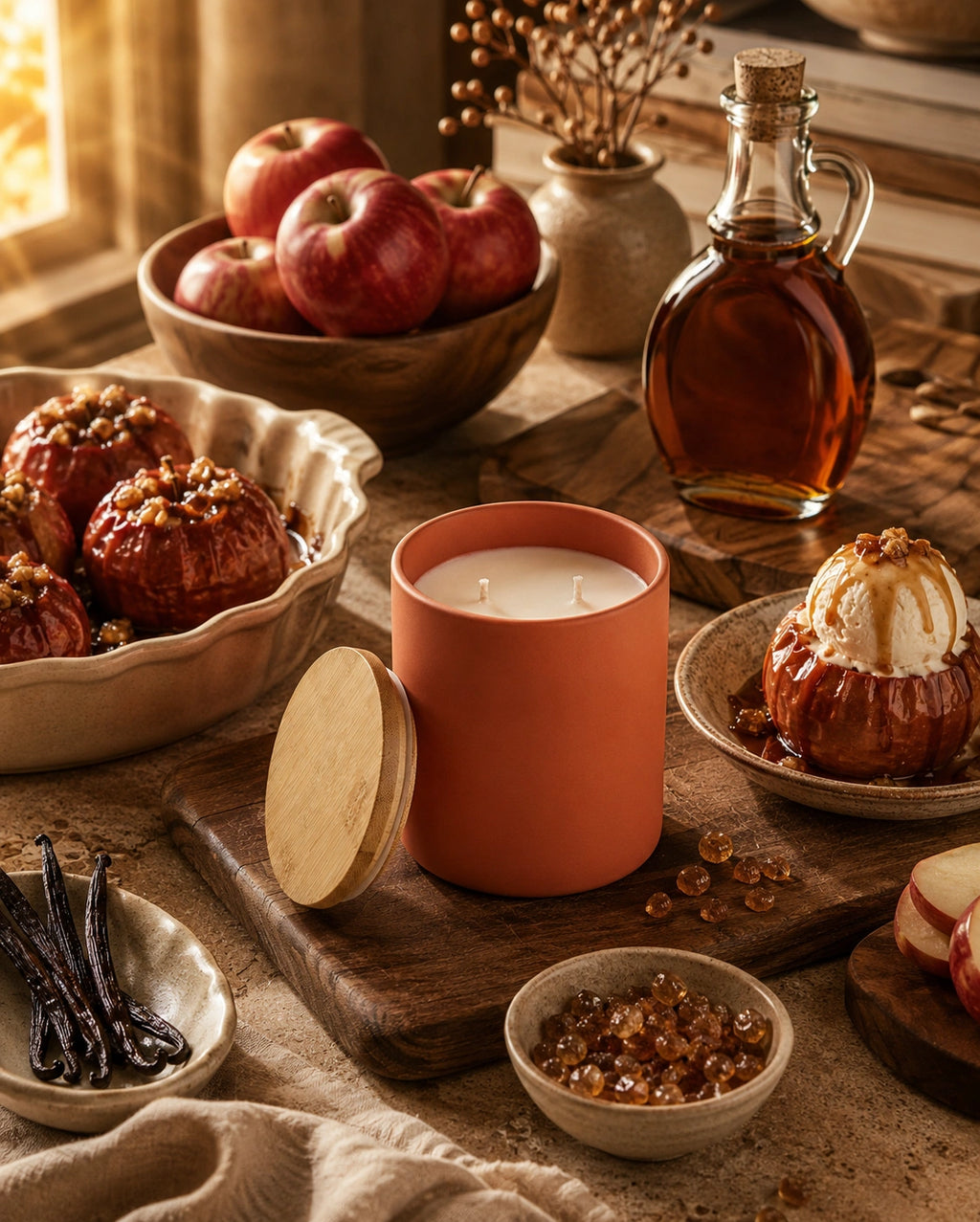 An orange terracotta candle with its wooden lid leaning beside it, styled on a rustic wooden board with autumnal food props including apples, baked apples, vanilla beans, and a bottle of maple syrup.