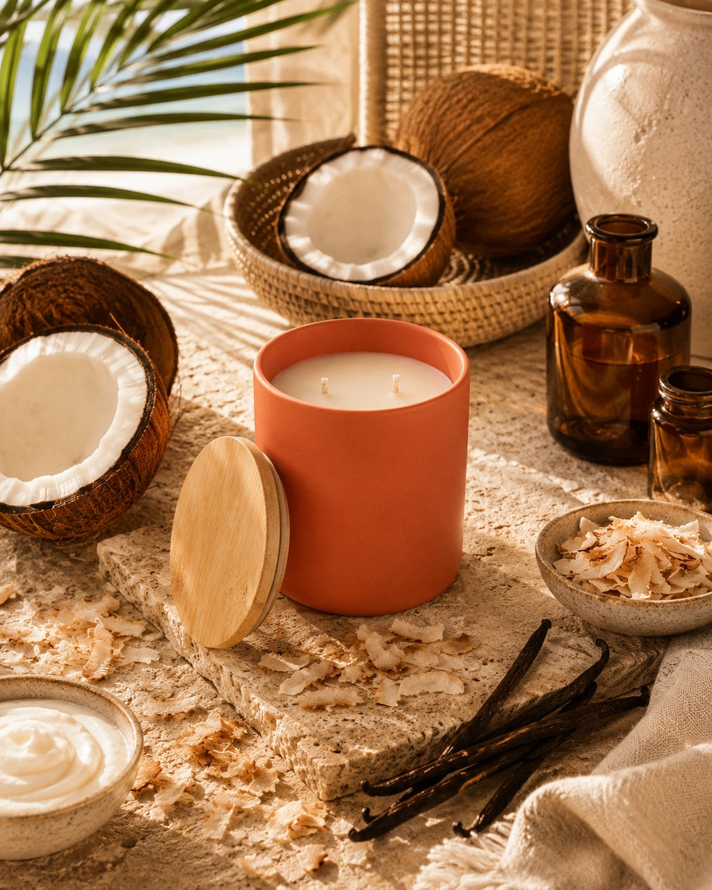 A terracotta-colored candle with a light wood lid sits on a textured stone slab surrounded by coconut halves, vanilla beans, amber bottles, and natural fibers in a warm, styled setting.