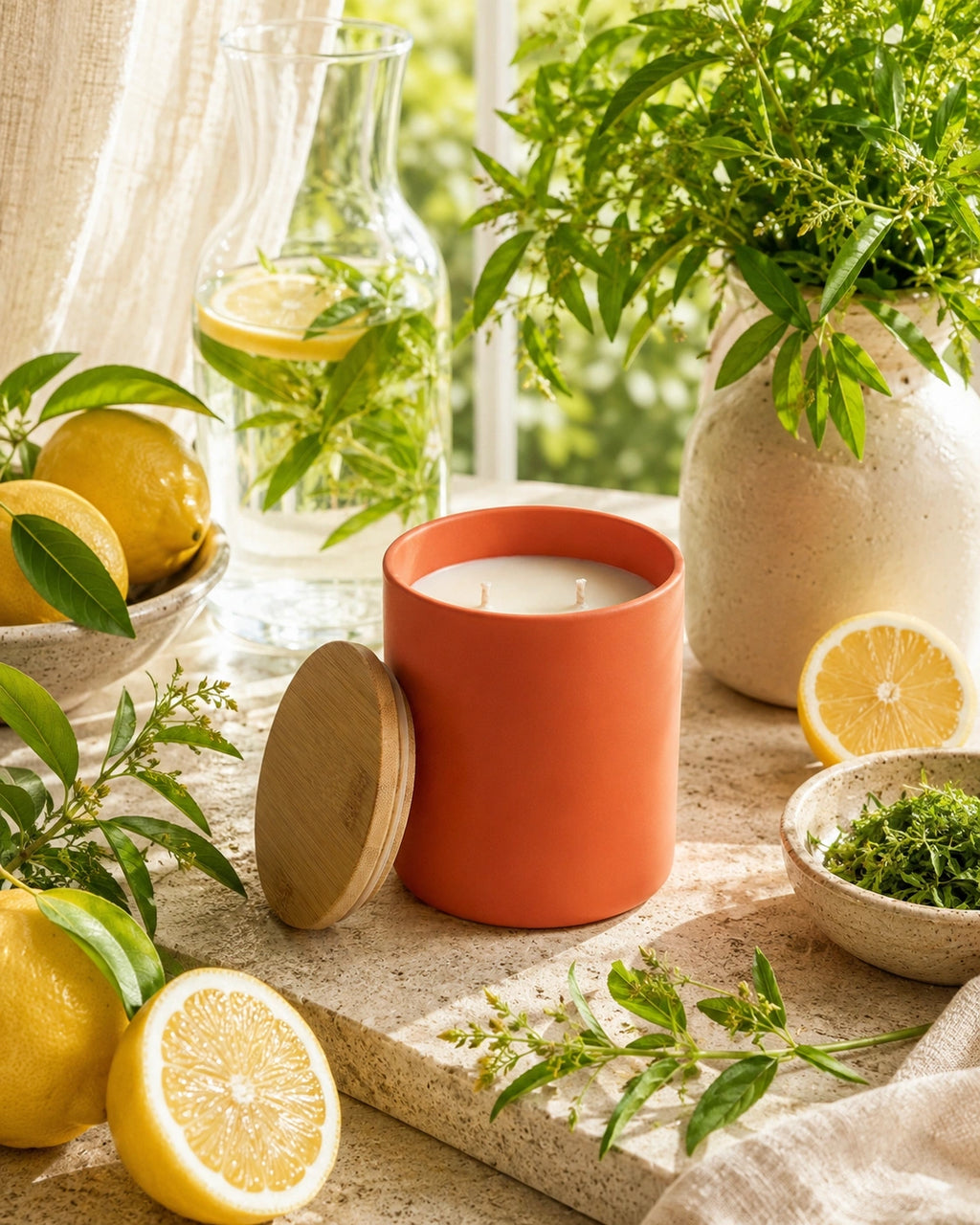 A terracotta-colored candle jar with its wooden lid leaning beside it, styled on a stone surface with lemons, herbs, a glass carafe, and a vase of greenery in a bright indoor setting.
