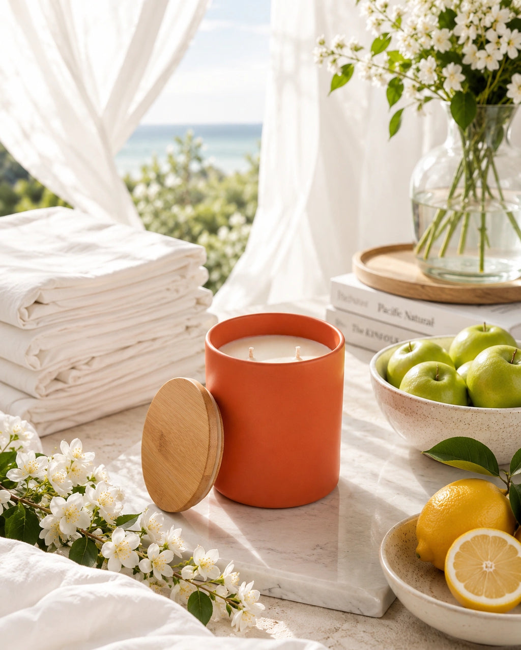 An orange ceramic candle jar with a light wood lid sits on a white marble slab in a bright, styled room scene. Folded white towels, a bowl of green apples, lemons, white flowers, and a glass vase with flowers are arranged around it, with sheer curtains and an ocean view in the background.