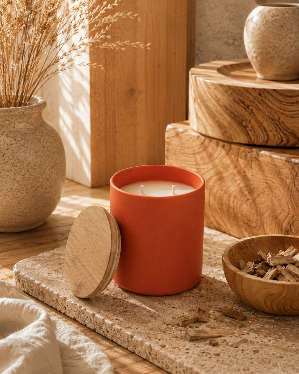 An orange-red ceramic candle jar with a light wood lid resting beside it on a stone slab, styled in a warm rustic setting with dried grasses, wood blocks, and a small bowl of wood chips.