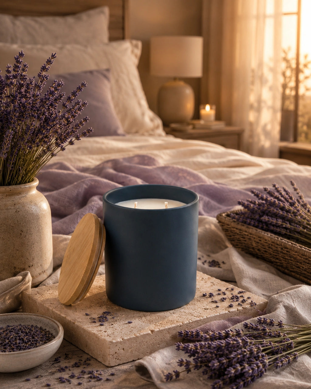 A matte navy blue candle jar with its wooden lid leaning beside it, styled on a stone slab in a softly lit bedroom scene with lavender sprigs, a vase of dried lavender, and a bed in the background.