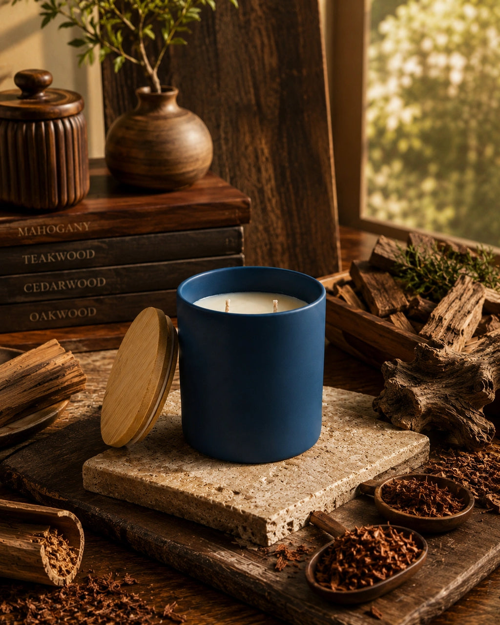 A blue ceramic candle jar with its wooden lid resting beside it, styled on a stone slab with wood chips, dried botanicals, stacked books, and a warm window background.