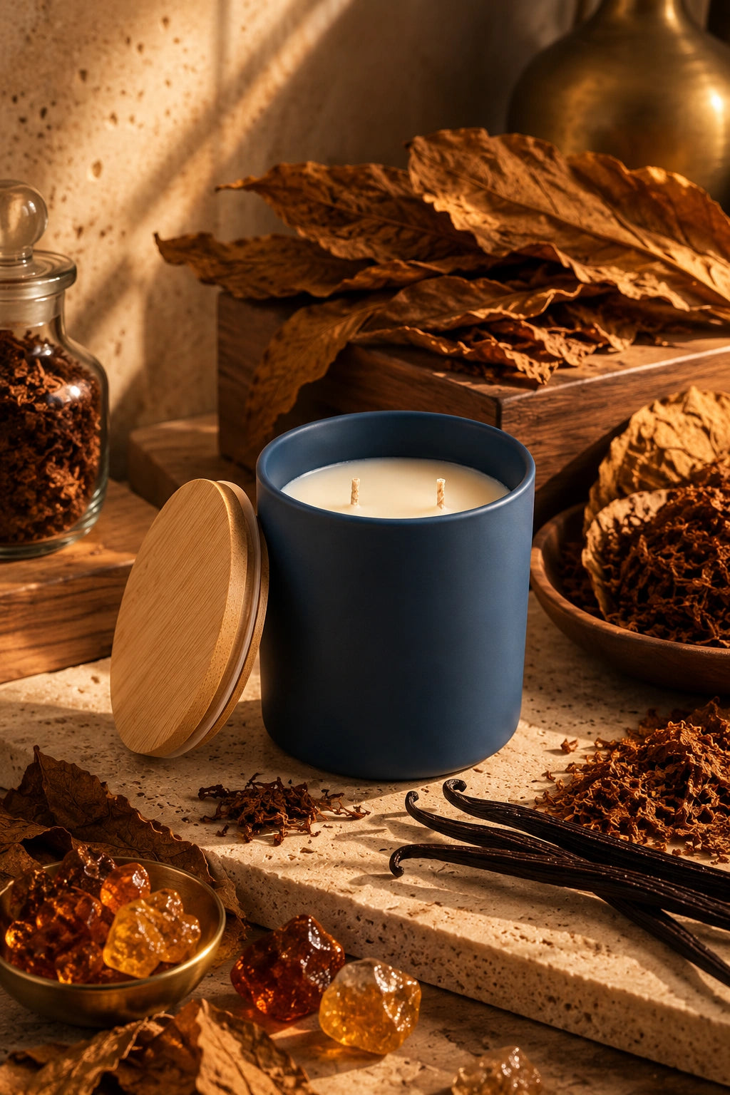 A matte navy blue candle jar with a light wood lid resting beside it on a stone surface, surrounded by dried tobacco leaves, vanilla beans, amber crystals, and a glass jar of botanicals in warm, rustic lighting.