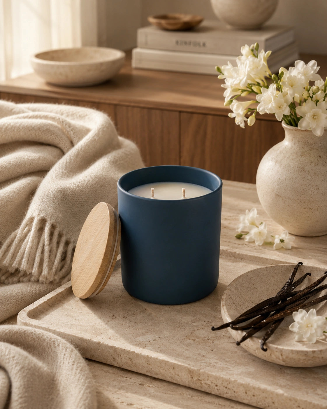 A matte navy blue candle jar with a light wood lid resting beside it on a stone tray, styled with a cream throw blanket, white flowers, and vanilla beans in a warm, neutral-toned interior setting.
